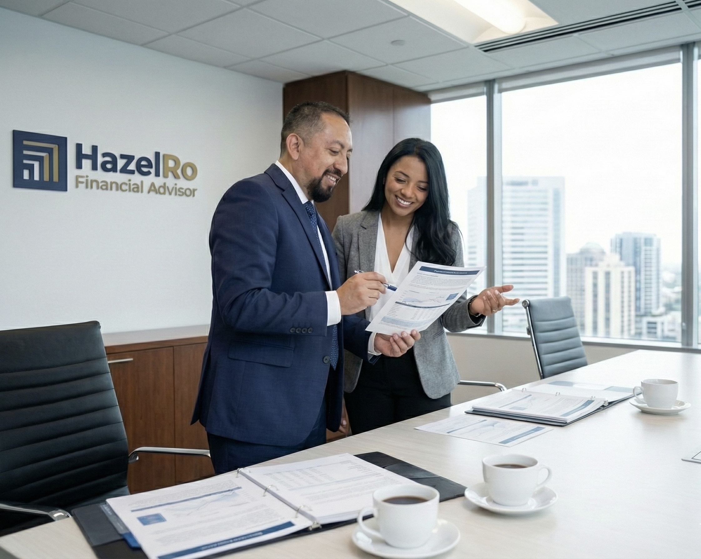 Sesión de trabajo en HazelRo con documentos y logo en la sala