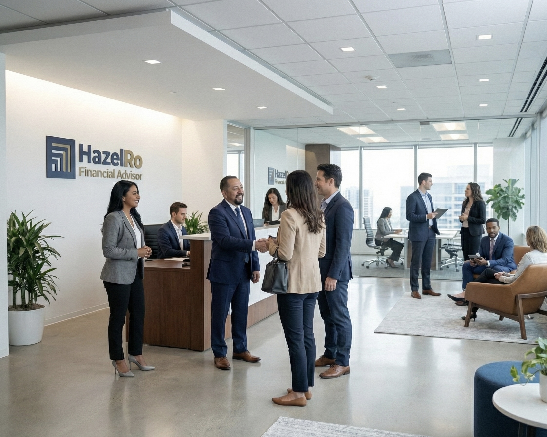 Recepción de HazelRo con el equipo y logo en la pared